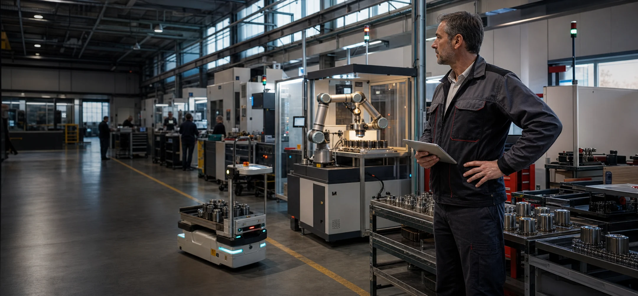 Cobot e operatore in una linea di produzione industriale
